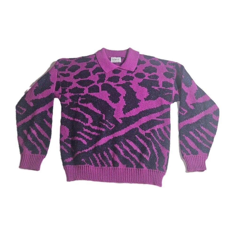 Vintage Zebra Print Sweater 90s Adele Womens M Purple Black Metallic Knit USA